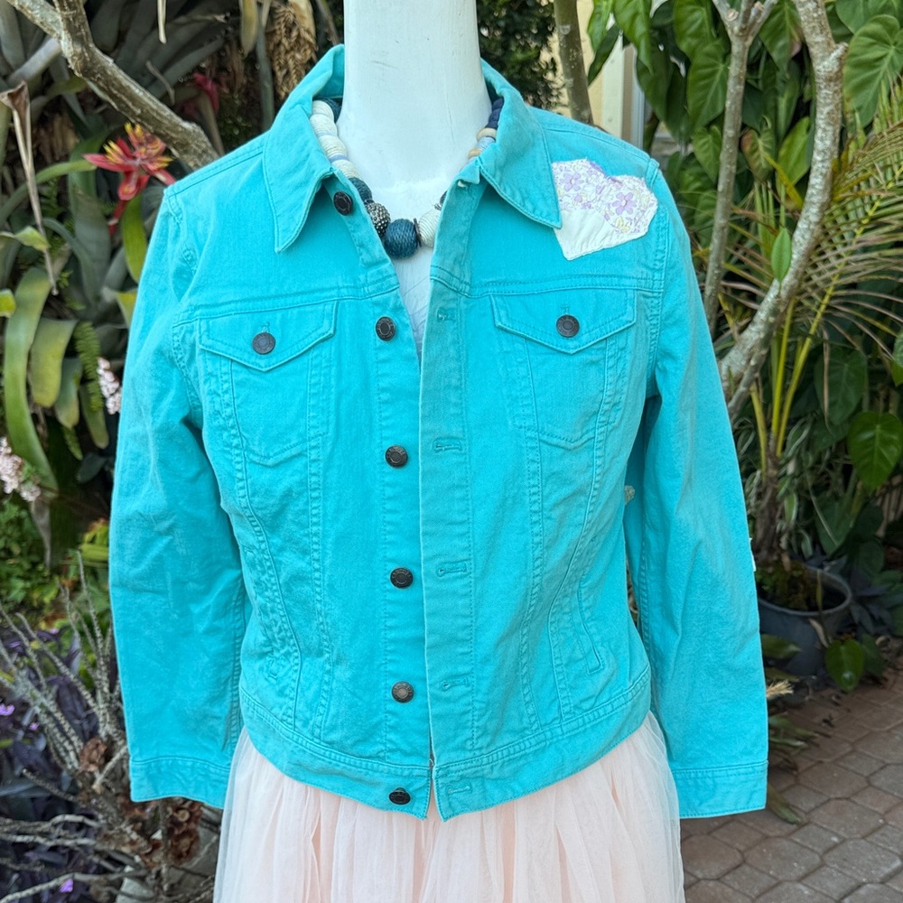 Upcycled Denim Jacket Teal Color Cottagecore Sz M Petite